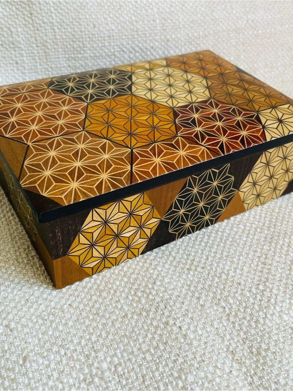 Vintage Handcrafted Geometric Inlay Wood Keepsake Jewelry Box Honey Brown